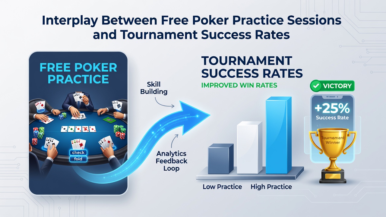 Analytics dashboard displaying poker tournament success rates alongside free practice session data on a tablet screen